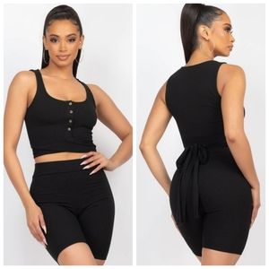 2 Pc Ribbed Strappy Tie Back Crop Top & Biker Shorts Set